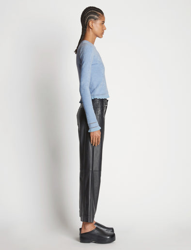Side full length image of model wearing Cropped Turtleneck Chenille Sweater
in PERIWINKLE