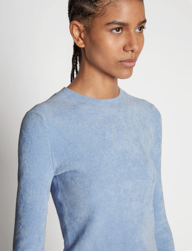Detail image of model wearing Cropped Turtleneck Chenille Sweater
in PERIWINKLE
