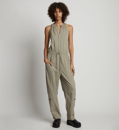 Front full length image of model wearing Drapey Suiting Tank Jumpsuit in GREY