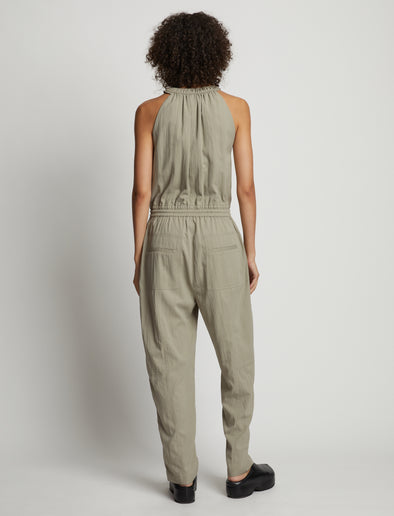 Back full length image of model wearing Drapey Suiting Tank Jumpsuit in GREY