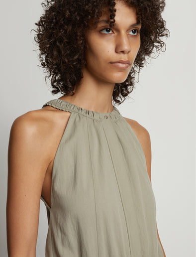 Detail image of model wearing Drapey Suiting Tank Jumpsuit in GREY