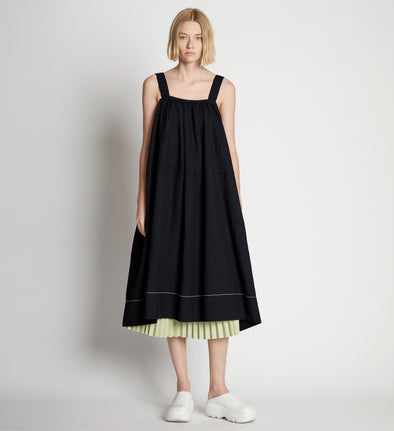 Front full length image of model wearing Drapey Suiting Belted Dress in BLACK