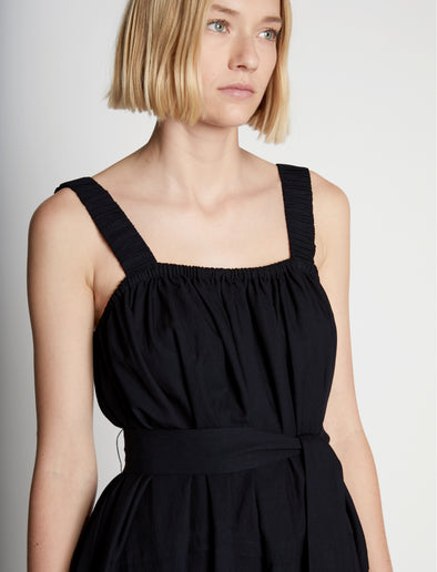 Back full length image of model wearing Drapey Suiting Belted Dress in BLACK