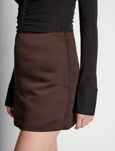Detail image of model wearing Satin Mini Skirt
in MOCHA