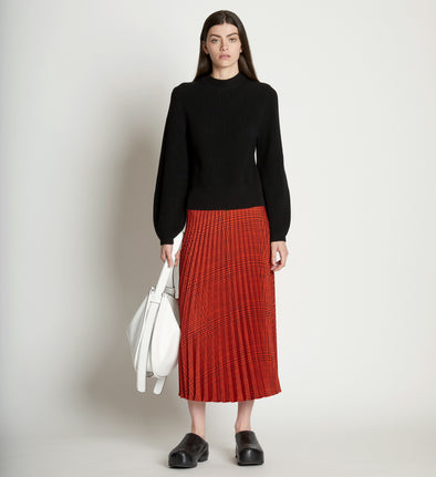Front full length image of model wearing Pleatable Crepe Midi Skirt
in VERMILLION/BLACK