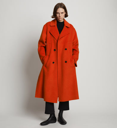 Front full length image of model wearing Melton Double Face Coat in VERMILLION MELANGE