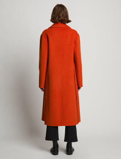Back full length image of model wearing Melton Double Face Coat in VERMILLION MELANGE