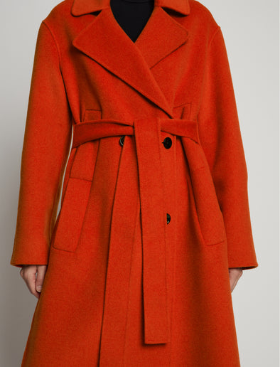 Detail image of model wearing Melton Double Face Coat in VERMILLION MELANGE