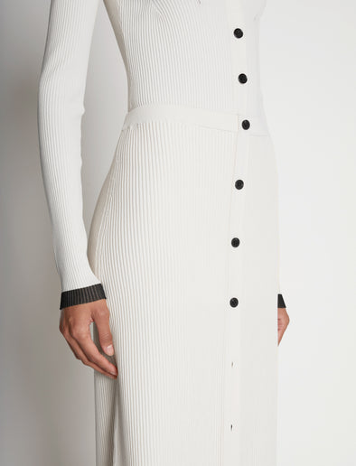 Detail image of model wearing Rib Knit Button Front Skirt in CREAM