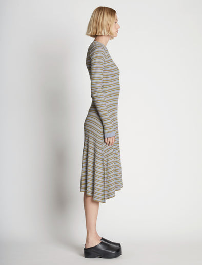 Side full length image of model wearing Stripe Knit Dress in PERIWINKLE MULTI