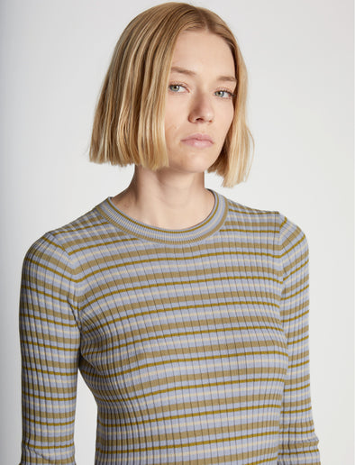 Detail image of model wearing Stripe Knit Dress in PERIWINKLE MULTI