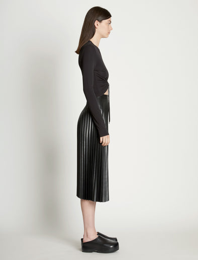 Side full length image of model wearing Matte Crepe Drawstring Top in BLACK