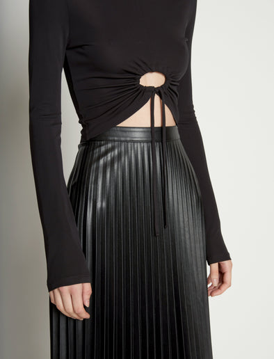 Detail image of model wearing Matte Crepe Drawstring Top in BLACK