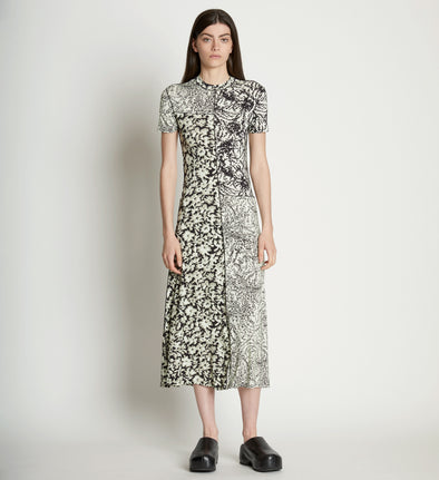 Front full length image of model wearing Mixed Floral Short Sleeve Jersey Dress in PEARL/BLACK
