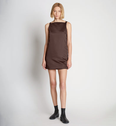 Front full length image of model wearing Sleeveless Satin Dress in MOCHA