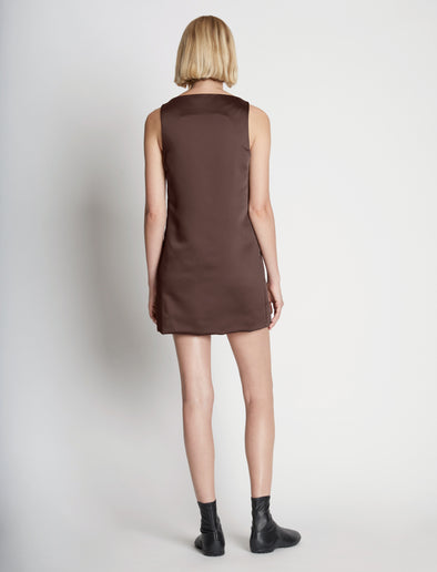 Back full length image of model wearing Sleeveless Satin Dress in MOCHA