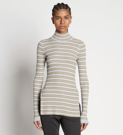 Front cropped image of model wearing Stripe Knit Turtleneck in PERIWINKLE MULTI