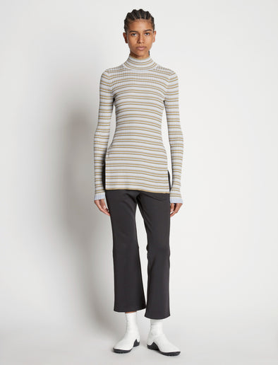 Front full length image of model wearing Stripe Knit Turtleneck in PERIWINKLE MULTI