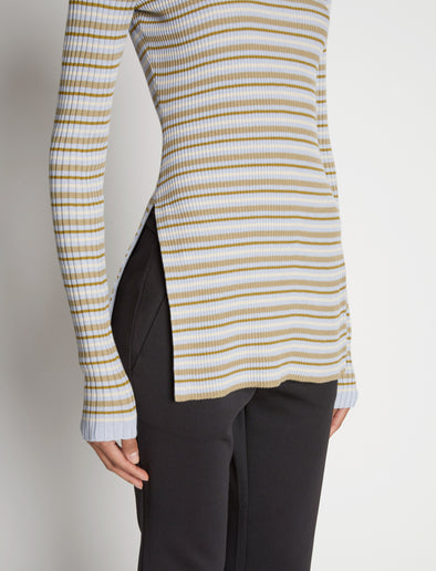 Detail image of model wearing Stripe Knit Turtleneck in PERIWINKLE MULTI