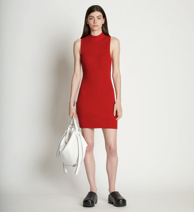 Front full length image of model wearing Sleeveless Cashfeel Mini Dress in VERMILLION