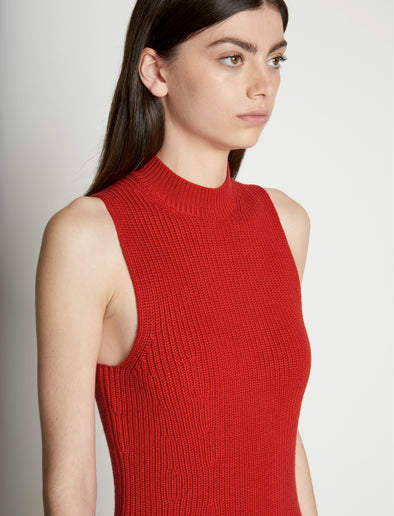 Detail image of model wearing Sleeveless Cashfeel Mini Dress in VERMILLION