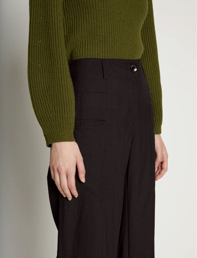 Detail image of model wearing Drapey Suiting Pocket Pants in BLACK