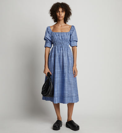 Front full length image of model wearing Grid Poplin Square Neck Dress in PERIWINKLE/BLACK