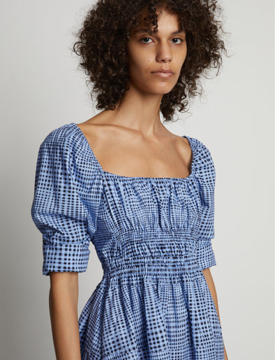 Detail image of model wearing Grid Poplin Square Neck Dress in PERIWINKLE/BLACK