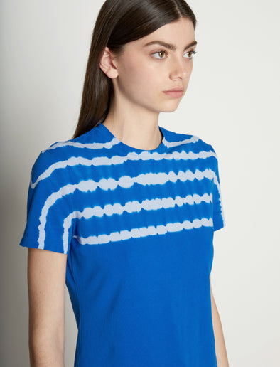 Detail image of model wearing Tie Dye T-Shirt in BRIGHT BLUE/PERIWINKLE