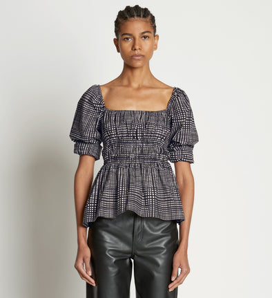 Front cropped image of model wearing Grid Poplin Square Neck Top in CREAM/BLACK