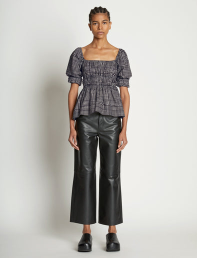 Front full length image of model wearing Grid Poplin Square Neck Top in CREAM/BLACK