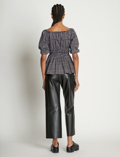 Back full length image of model wearing Grid Poplin Square Neck Top in CREAM/BLACK