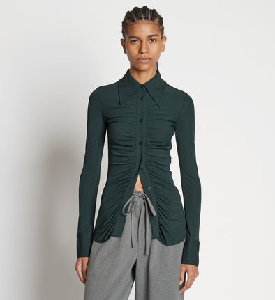 Front cropped image of model wearing Matte Crepe Button Down in PINE