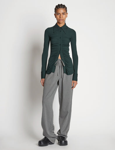 Front full length image of model wearing Matte Crepe Button Down in PINE