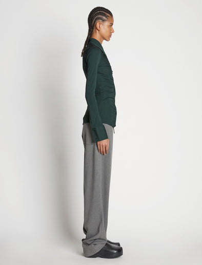 Side full length image of model wearing Matte Crepe Button Down in PINE