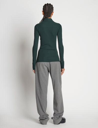 Back full length image of model wearing Matte Crepe Button Down in PINE