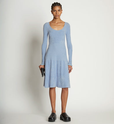 Front full length image of model wearing Scoop Neck Chenille Dress in PERIWINKLE