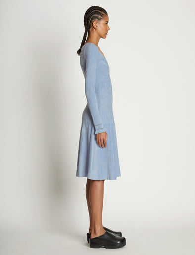 Side full length image of model wearing Scoop Neck Chenille Dress in PERIWINKLE