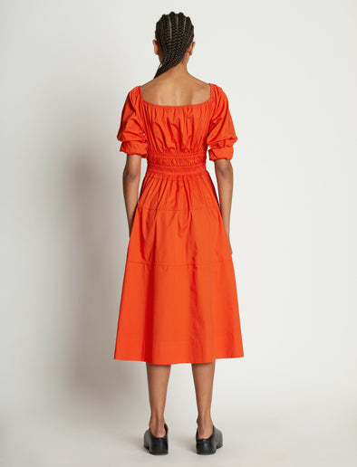 Back full length image of model wearing Square Neck Poplin Dress in CHERRY