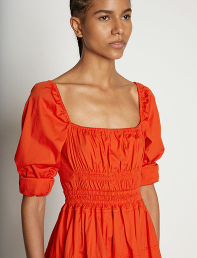 Detail image of model wearing Square Neck Poplin Dress in CHERRY