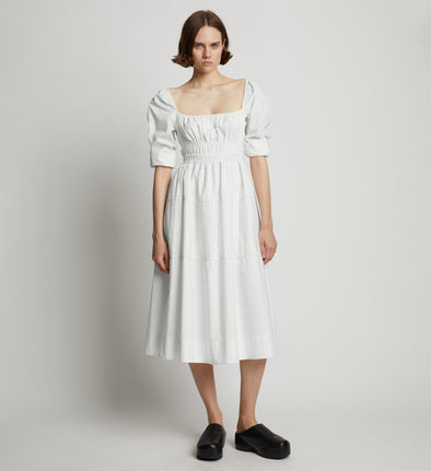 Front full length image of model wearing Square Neck Poplin Dress in OFF WHITE