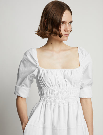 Detail image of model wearing Square Neck Poplin Dress in OFF WHITE