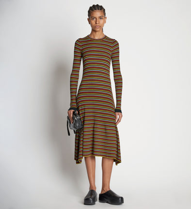 Front full length image of model wearing Stripe Knit Dress in VERMILLION MULTI