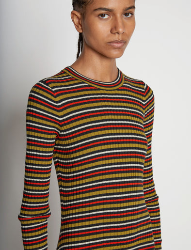 Detail image of model wearing Stripe Knit Dress in VERMILLION MULTI