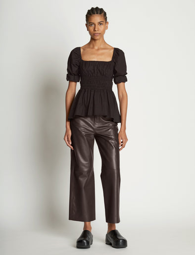 Front full length image of model wearing Square Neck Poplin Top in BLACK