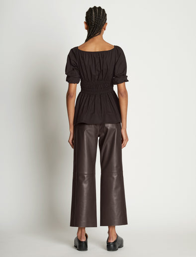 Back full length image of model wearing Square Neck Poplin Top in BLACK