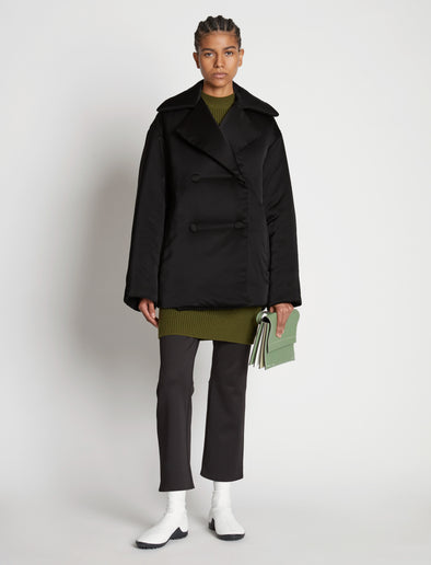 Front full length image of model wearing Satin Jacket in BLACK