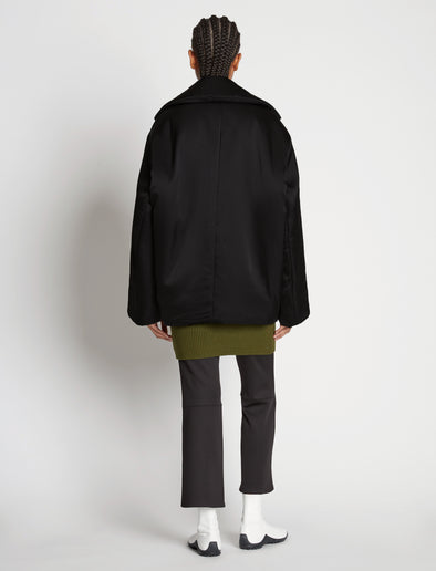 Back full length image of model wearing Satin Jacket in BLACK