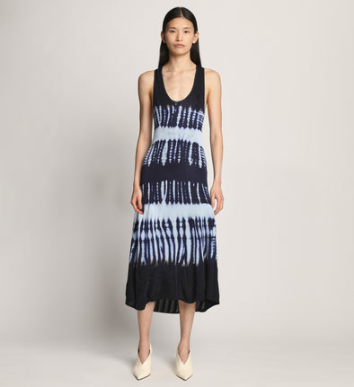 Front full length image of model wearing Viscose Knit Tie Dye Dress in BLUE MULTI