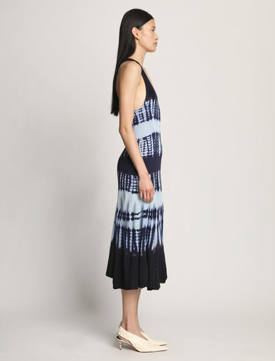 Side full length image of model wearing Viscose Knit Tie Dye Dress in BLUE MULTI